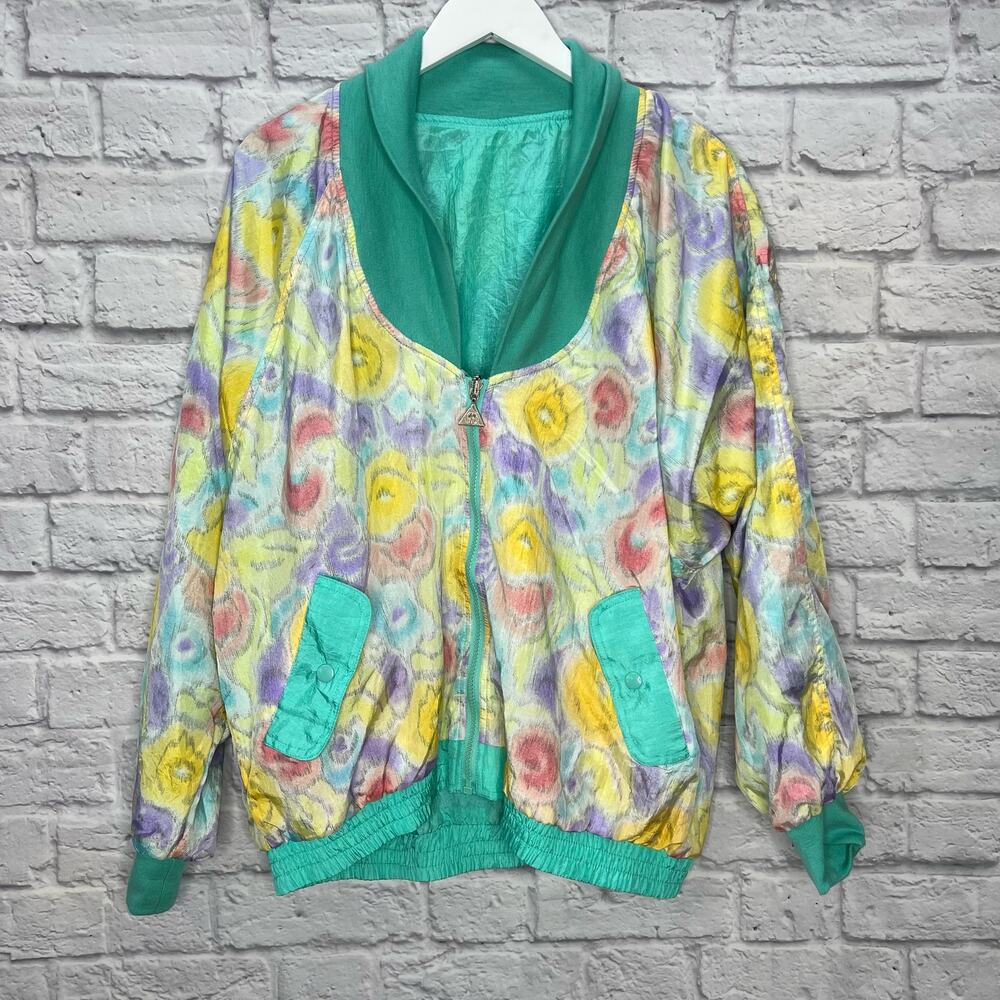 Vintage Casual Isle Reversible Windbreaker Pastel Teal Floral Size L 90s Nylon